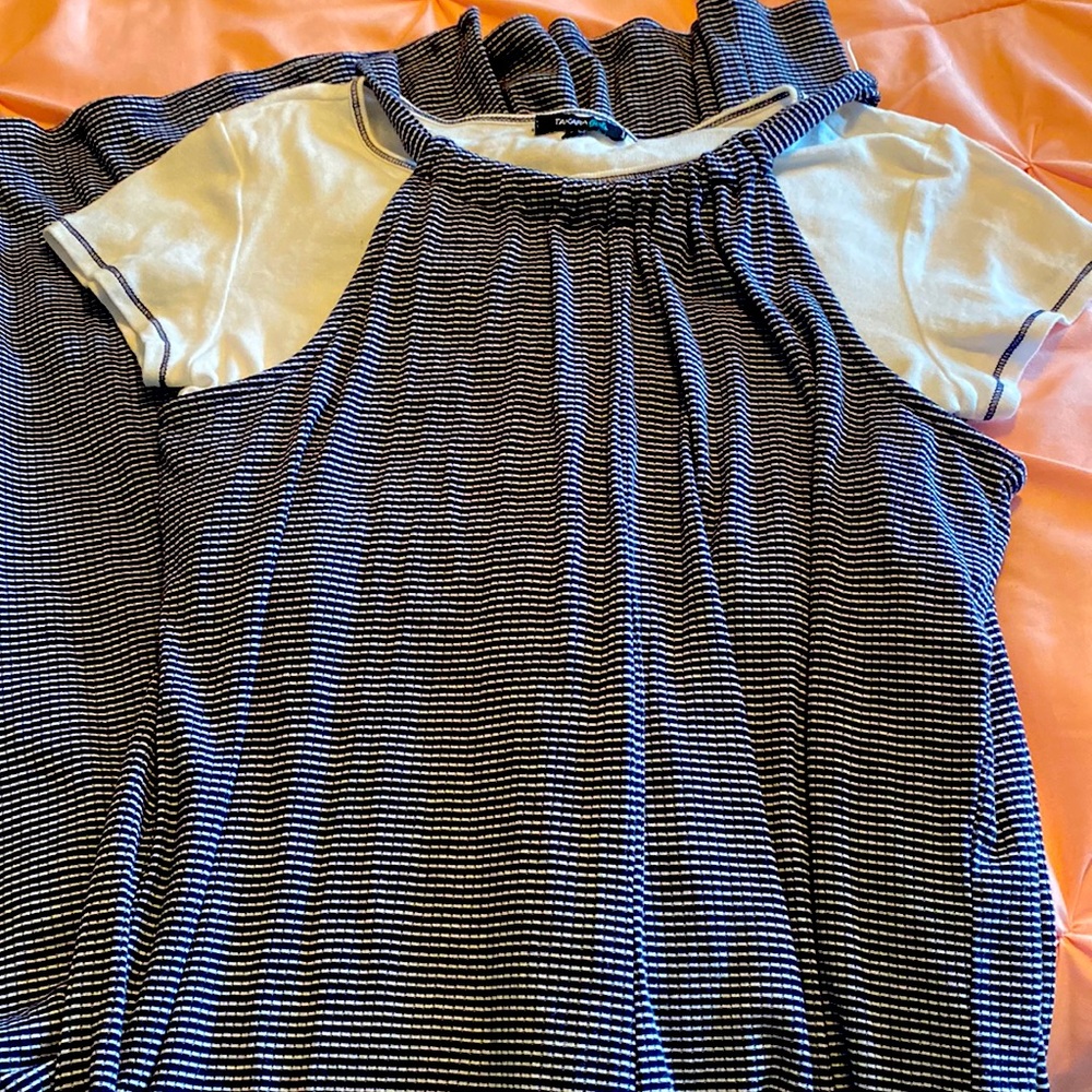 Two piece top and loose fitting stripped one piece top and flare legged pants